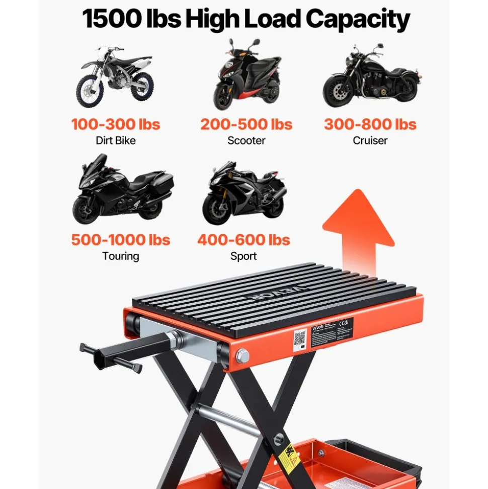 VEVOR Motorcycle Lift, 1500 lbs Motorcycle Scissor Lift Jack with Wide Deck & Lock Pin, 4.13"-13.77" Center Hoist Crank Stand, Steel Scissor Jack for Street Bikes, Cruiser Bikes, Touring Motorcycles