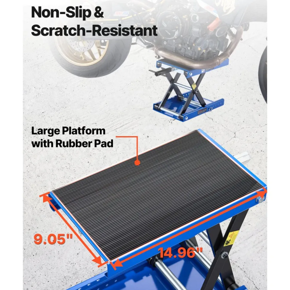 VEVOR Motorcycle Lift, 1100 LBS Motorcycle Scissor Lift Jack with Wide Deck & Safety Pin, 3.7"-13.8" Center Hoist Crank Stand, Steel Scissor Jack for Street Bikes, Cruiser Bikes, Touring Motorcycles