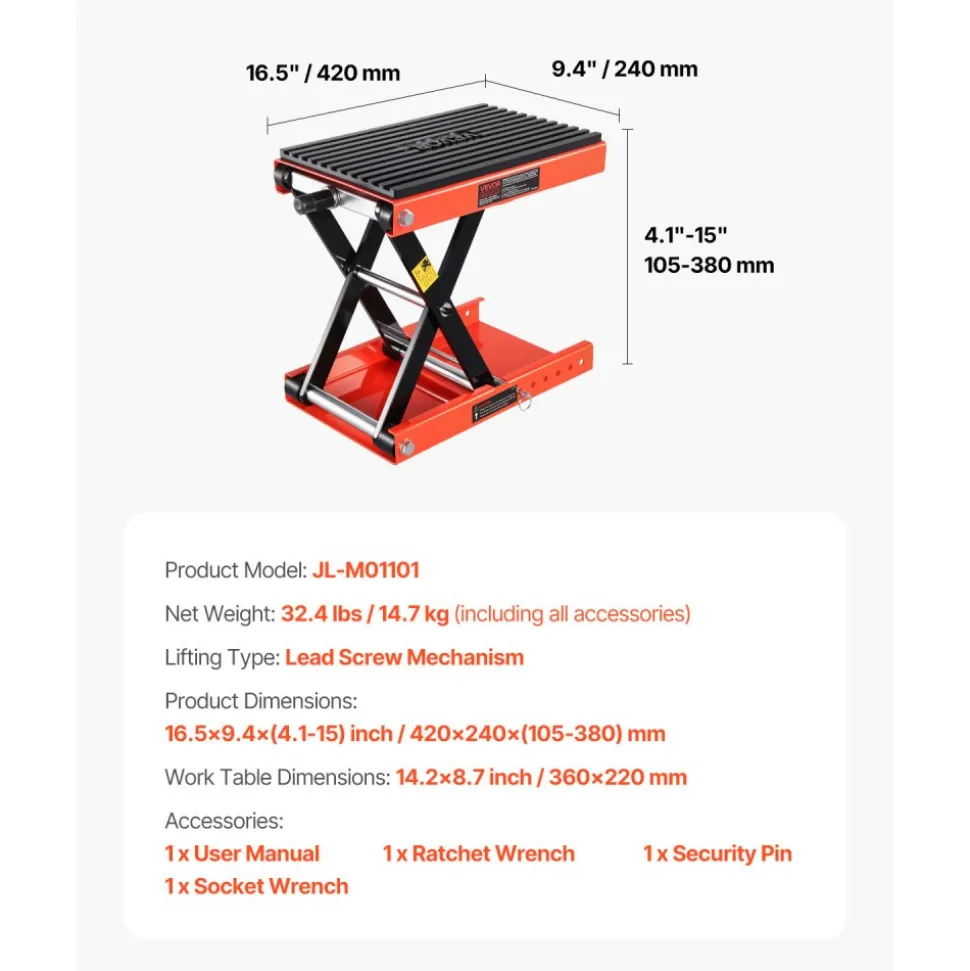 VEVOR Motorcycle Lift, 1200lbs Weight Capacity, Wide Deck Motorcycle Scissor Jack, 4.1-15 in Height Range, Heavy Duty Steel Bike Repair Center Stand with Ratchet and Crank for ATVs, Dirt Bikes