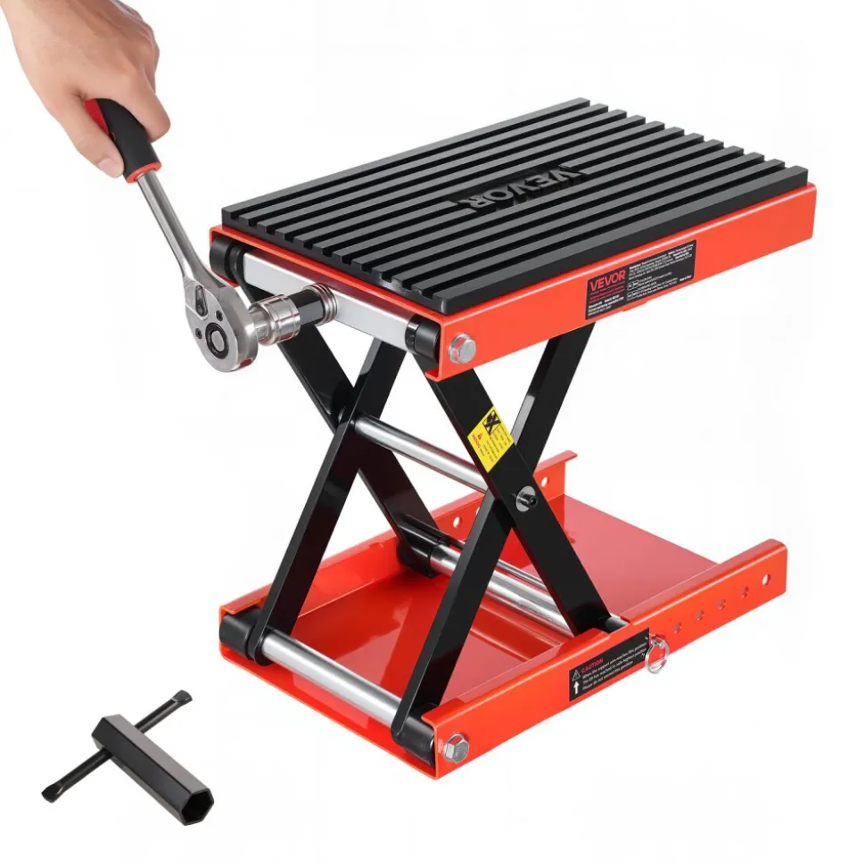 VEVOR Motorcycle Lift, 1200lbs Weight Capacity, Wide Deck Motorcycle Scissor Jack, 4.1-15 in Height Range, Heavy Duty Steel Bike Repair Center Stand with Ratchet and Crank for ATVs, Dirt Bikes