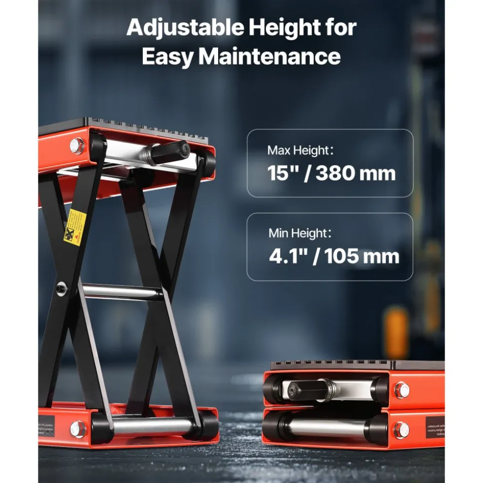VEVOR Motorcycle Lift, 1200lbs Weight Capacity, Wide Deck Motorcycle Scissor Jack, 4.1-15 in Height Range, Heavy Duty Steel Bike Repair Center Stand with Ratchet and Crank for ATVs, Dirt Bikes