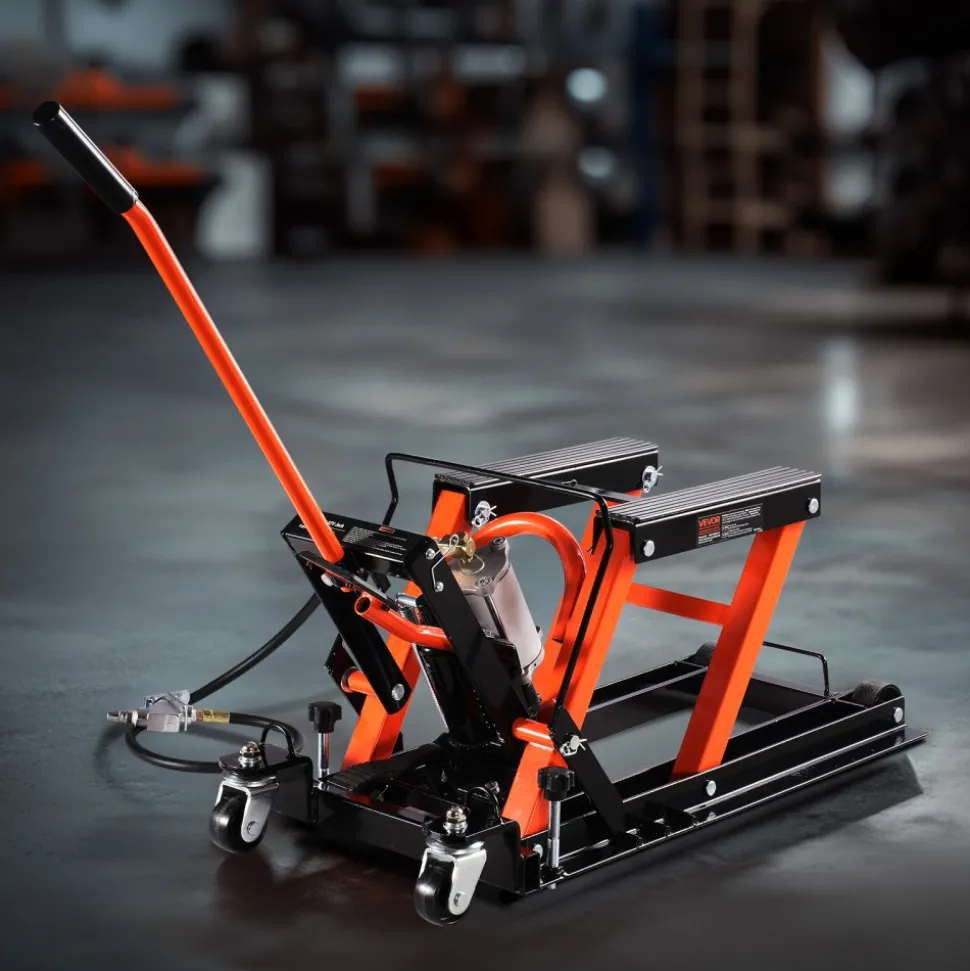 VEVOR Motorcycle Lift, 1500lbs Weight Capacity, Hydraulic & Pneumatic Motorcycle Jack, 4.1-15 in Height Range, Heavy Duty Bike Repair Stand with Removable Ramp with 2 Casters for ATVs, Dirt Bike