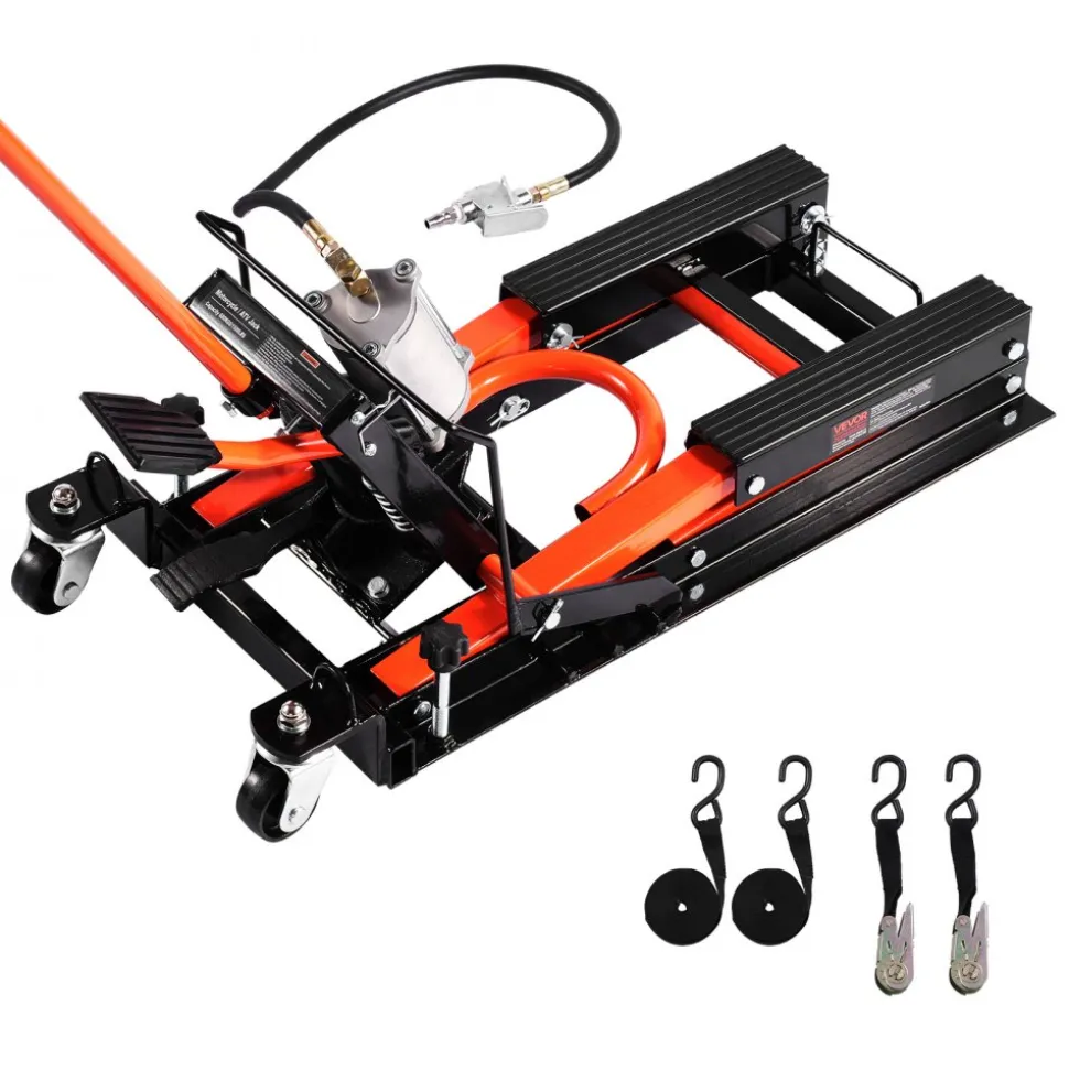 VEVOR Motorcycle Lift, 1500lbs Weight Capacity, Hydraulic & Pneumatic Motorcycle Jack, 4.1-15 in Height Range, Heavy Duty Bike Repair Stand with Removable Ramp with 2 Casters for ATVs, Dirt Bike