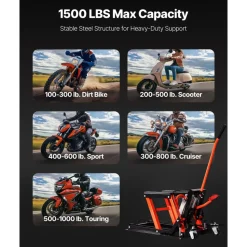 VEVOR Motorcycle Lift, 1500lbs Weight Capacity, Hydraulic & Pneumatic Motorcycle Jack, 4.1-15 in Height Range, Heavy Duty Bike Repair Stand with Removable Ramp with 2 Casters for ATVs, Dirt Bike