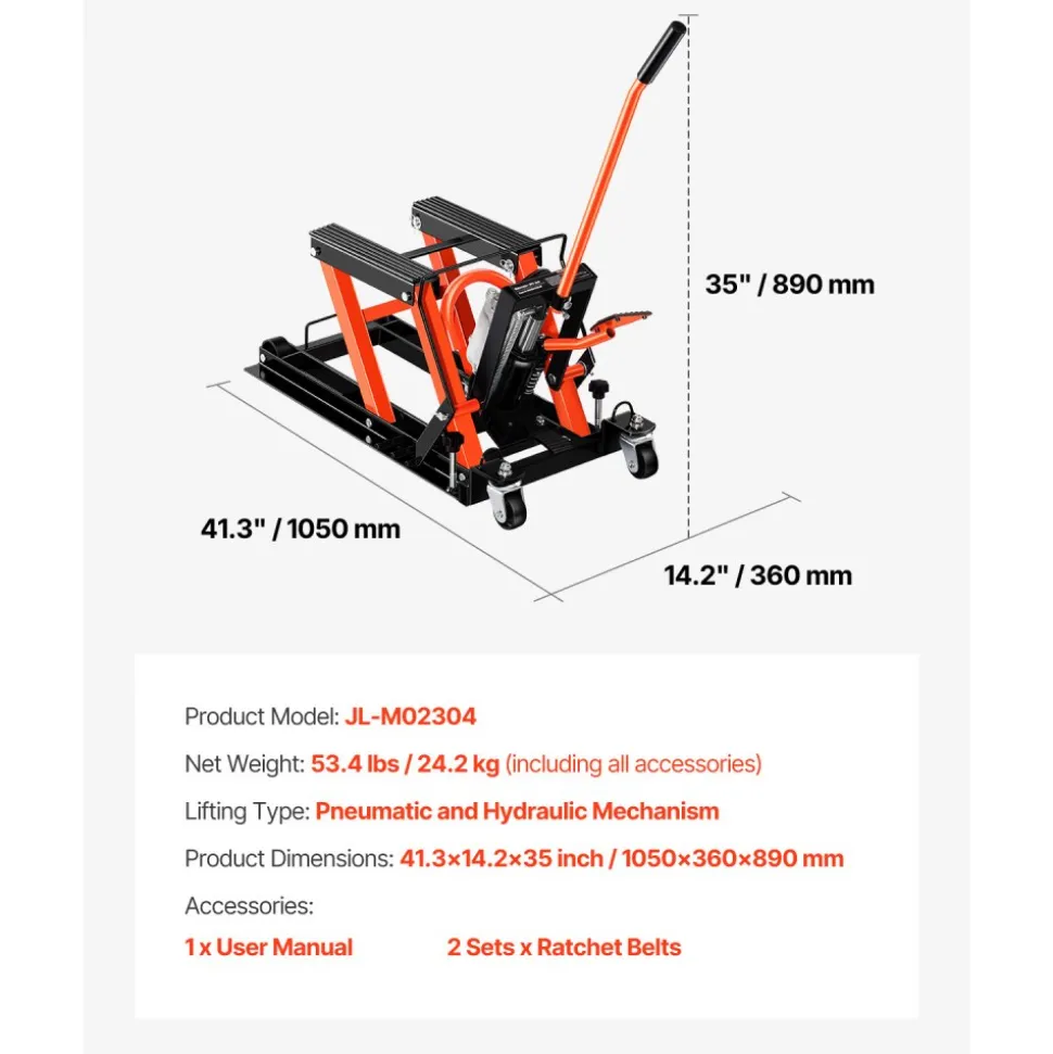 VEVOR Motorcycle Lift, 1500lbs Weight Capacity, Hydraulic & Pneumatic Motorcycle Jack, 4.1-15 in Height Range, Heavy Duty Bike Repair Stand with Removable Ramp with 2 Casters for ATVs, Dirt Bike