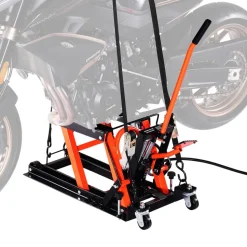VEVOR Motorcycle Lift, 1500lbs Weight Capacity, Hydraulic & Pneumatic Motorcycle Jack, 4.1-15 in Height Range, Heavy Duty Bike Repair Stand with Removable Ramp with 2 Casters for ATVs, Dirt Bike