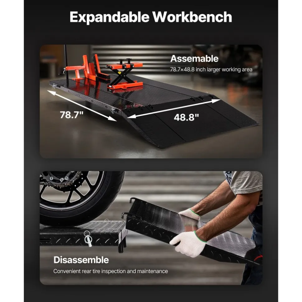 VEVOR Motorcycle Lift Table, 1500lbs Weight Capacity, Pneumatic Motorcycle Jack, 8.6-31 in Height Range, Heavy Duty Bike Repair Stand with Removable Workbench, Repair Platform for ATVs, Dirt Bike