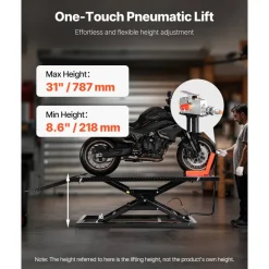 VEVOR Motorcycle Lift Table, 1500lbs Weight Capacity, Pneumatic Motorcycle Jack, 8.6-31 in Height Range, Heavy Duty Bike Repair Stand with Removable Workbench, Repair Platform for ATVs, Dirt Bike