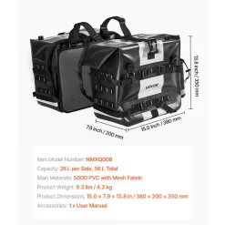 VEVOR Motorcycle Saddlebag, 56 L (28 L x 2) Large Capacity Side Saddle Bag Compatible with Most Motorcycles, Waterproof Fabric Outdoor Sports Motorbike Luggage Storage with Detachable Inner Bag, Black