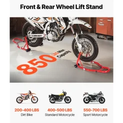 VEVOR Motorcycle Stand Lift, 850lbs Capacity Front Rear Combo Stand Lift, Front Wheel Dual-Fork Stand, Rear U+L Fork Swingarm Spool Stand, for Most Yamaha Honda Kawasaki Suzuki Motorcycles, Red