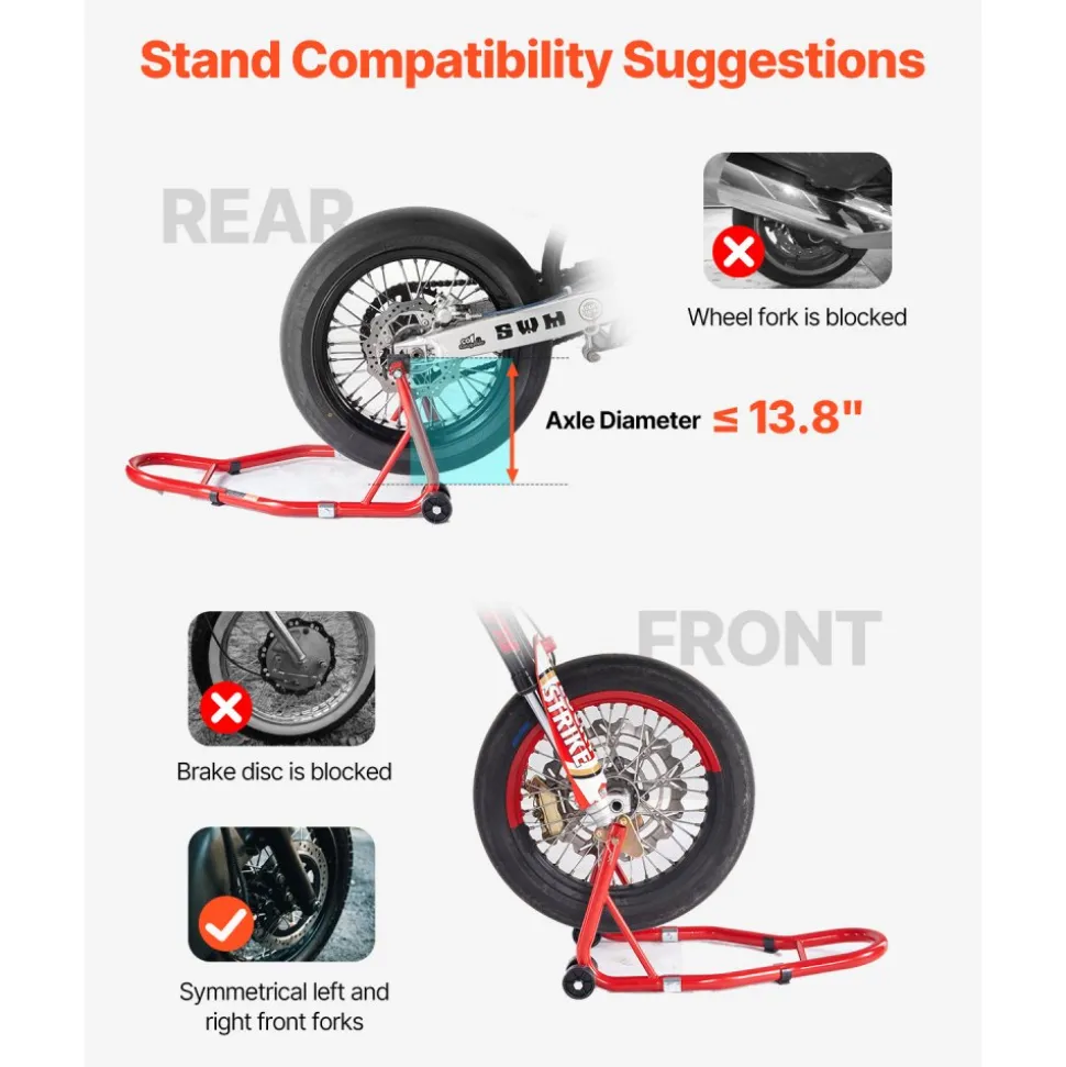 VEVOR Motorcycle Stand Lift, 850lbs Capacity Front Rear Combo Stand Lift, Front Wheel Dual-Fork Stand, Rear U+L Fork Swingarm Spool Stand, for Most Yamaha Honda Kawasaki Suzuki Motorcycles, Red