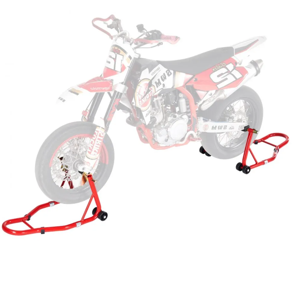 VEVOR Motorcycle Stand Lift, 850lbs Capacity Front Rear Combo Stand Lift, Front Wheel Dual-Fork Stand, Rear U+L Fork Swingarm Spool Stand, for Most Yamaha Honda Kawasaki Suzuki Motorcycles, Red