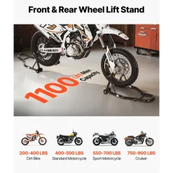 VEVOR Motorcycle Stand Lift, 1100lbs Capacity Front Rear Combo Stand Lift, Front Wheel Dual-Fork Stand, Rear U+L Fork Swingarm Spool Stand, for Most Yamaha Honda Kawasaki Suzuki Motorcycles, Black