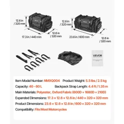 VEVOR Motorcycle Tail Bag, 22-34 L Expandable Motorcycle Rear Seat Bag with Waterproof Rain Cover, Outdoor Sports Motorbike Luggage Storage Backpack Handbag with Straps, Pocket & Elastic Cord, Black
