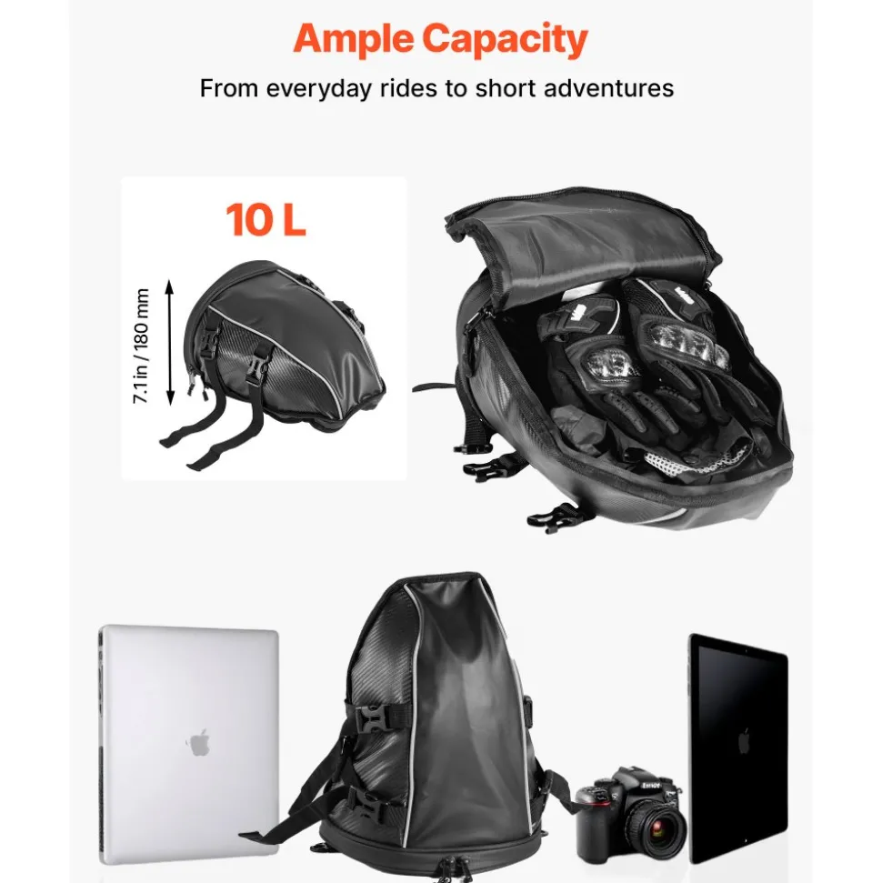 VEVOR Motorcycle Tail Bag, 10 L Motorcycle Rear Seat Bag with Waterproof Rain Cover, Outdoor Sports Motorbike Luggage Storage Trunk Rack Backpack Handbag with Shoulder Strap and Inner Pocket, Black