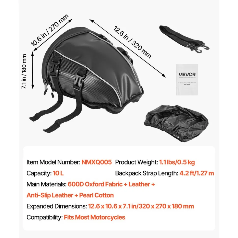 VEVOR Motorcycle Tail Bag, 10 L Motorcycle Rear Seat Bag with Waterproof Rain Cover, Outdoor Sports Motorbike Luggage Storage Trunk Rack Backpack Handbag with Shoulder Strap and Inner Pocket, Black