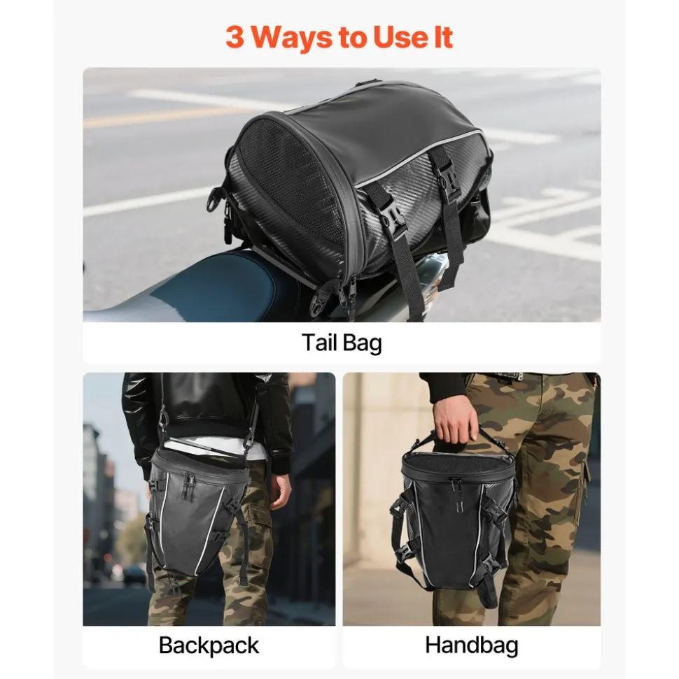 VEVOR Motorcycle Tail Bag, 10 L Motorcycle Rear Seat Bag with Waterproof Rain Cover, Outdoor Sports Motorbike Luggage Storage Trunk Rack Backpack Handbag with Shoulder Strap and Inner Pocket, Black