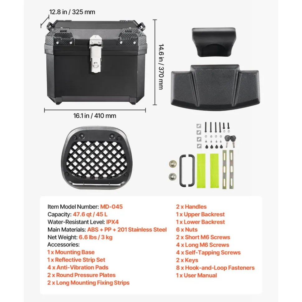 VEVOR Motorcycle Top Case 45L Universal Waterproof ABS Motorcycle Tail Case, Detachable Motorbike Top Box with Security Lock & Leather Liner for Luggage Storage