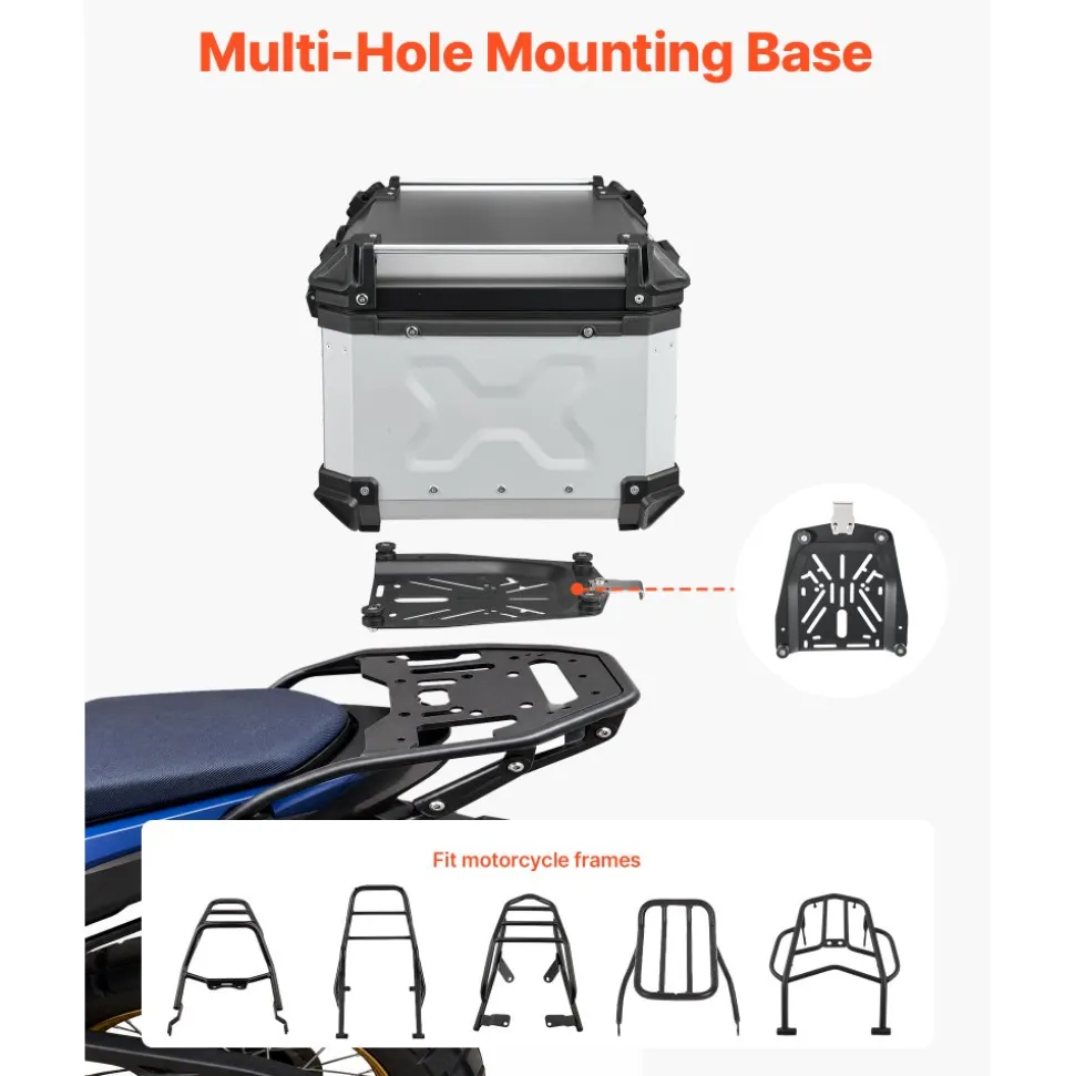VEVOR Motorcycle Top Case, 65L Universal Aluminum Hard Motorcycle Tail Case, Waterproof Detachable Motorbike Top Box with Security Lock & Leather Liner for Helmets Storage