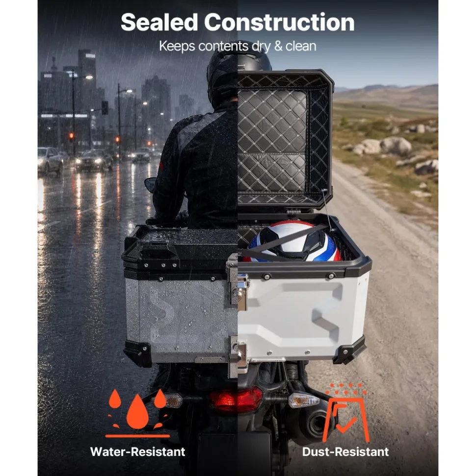VEVOR Motorcycle Top Case, 65L Universal Aluminum Hard Motorcycle Tail Case, Waterproof Detachable Motorbike Top Box with Security Lock & Leather Liner for Helmets Storage