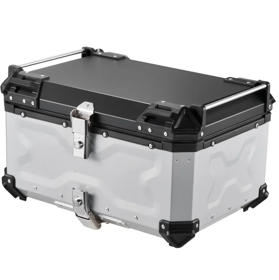 VEVOR Motorcycle Top Case, 65L Universal Aluminum Hard Motorcycle Tail Case, Waterproof Detachable Motorbike Top Box with Security Lock & Leather Liner for Helmets Storage