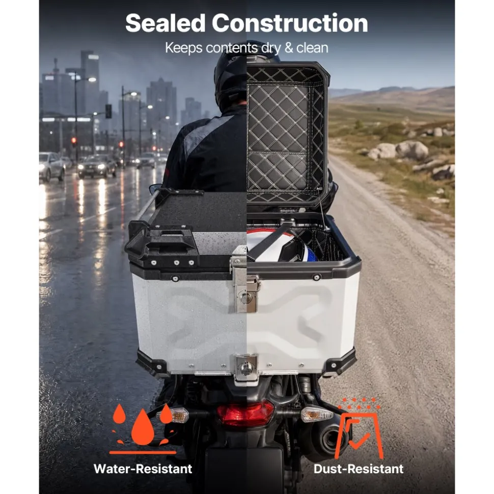 VEVOR Motorcycle Top Case 55L Universal Aluminum Hard Motorcycle Tail Case, Waterproof Detachable Motorbike Top Box with Security Lock & Leather Liner for Luggage Storage