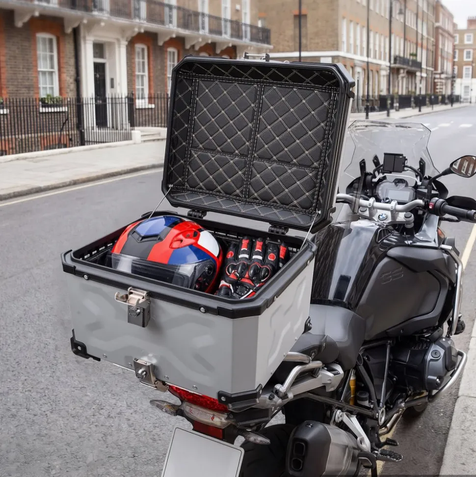 VEVOR Motorcycle Top Case 55L Universal Aluminum Hard Motorcycle Tail Case, Waterproof Detachable Motorbike Top Box with Security Lock & Leather Liner for Luggage Storage