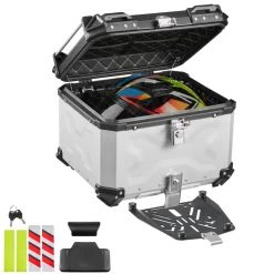 VEVOR Motorcycle Top Case 55L Universal Aluminum Hard Motorcycle Tail Case, Waterproof Detachable Motorbike Top Box with Security Lock & Leather Liner for Luggage Storage