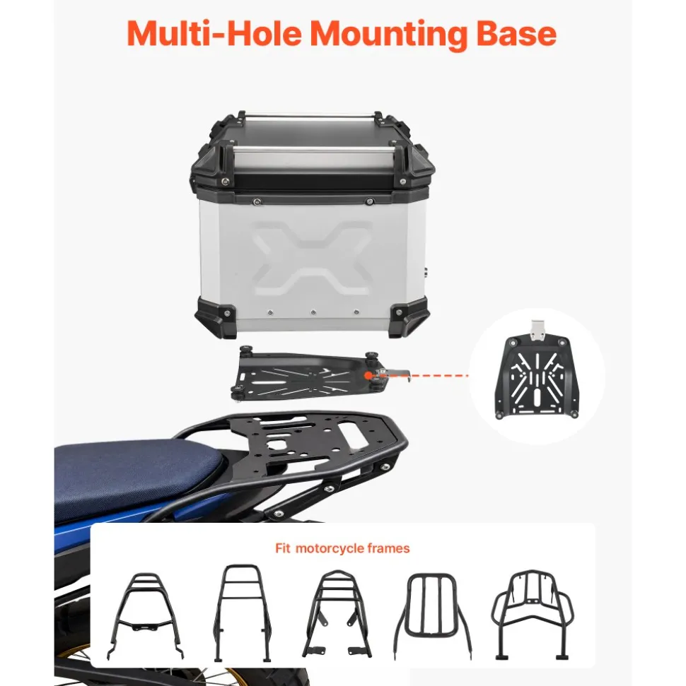 VEVOR Motorcycle Top Case 55L Universal Aluminum Hard Motorcycle Tail Case, Waterproof Detachable Motorbike Top Box with Security Lock & Leather Liner for Luggage Storage