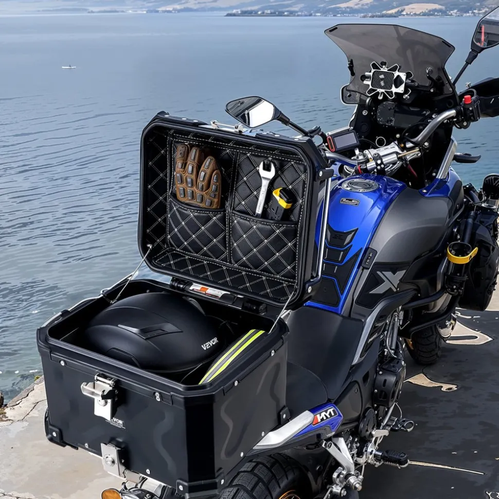 VEVOR Motorcycle Top Case, Universal Aluminum Alloy Motorbike Tail Box with Leather Lining, 55L Waterproof Detachable Motorcycle Top Box with Lock & Back Cushion, Fit for 99% of Motorcycle Frames