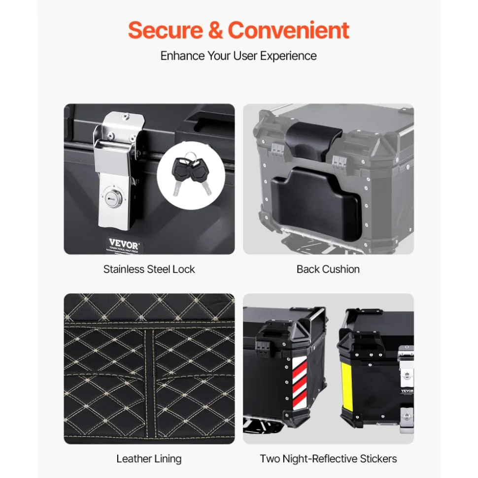 VEVOR Motorcycle Top Case, Universal Aluminum Alloy Motorbike Tail Box with Leather Lining, 55L Waterproof Detachable Motorcycle Top Box with Lock & Back Cushion, Fit for 99% of Motorcycle Frames