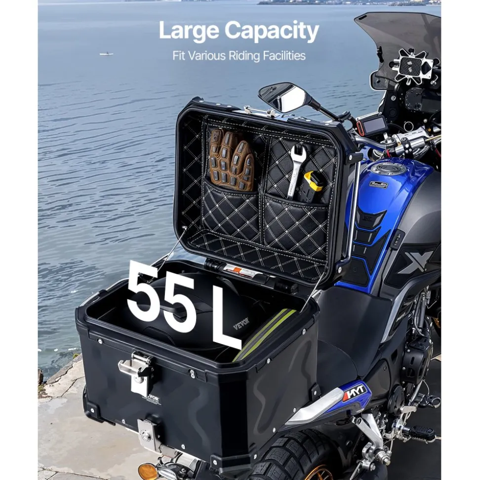 VEVOR Motorcycle Top Case, Universal Aluminum Alloy Motorbike Tail Box with Leather Lining, 55L Waterproof Detachable Motorcycle Top Box with Lock & Back Cushion, Fit for 99% of Motorcycle Frames