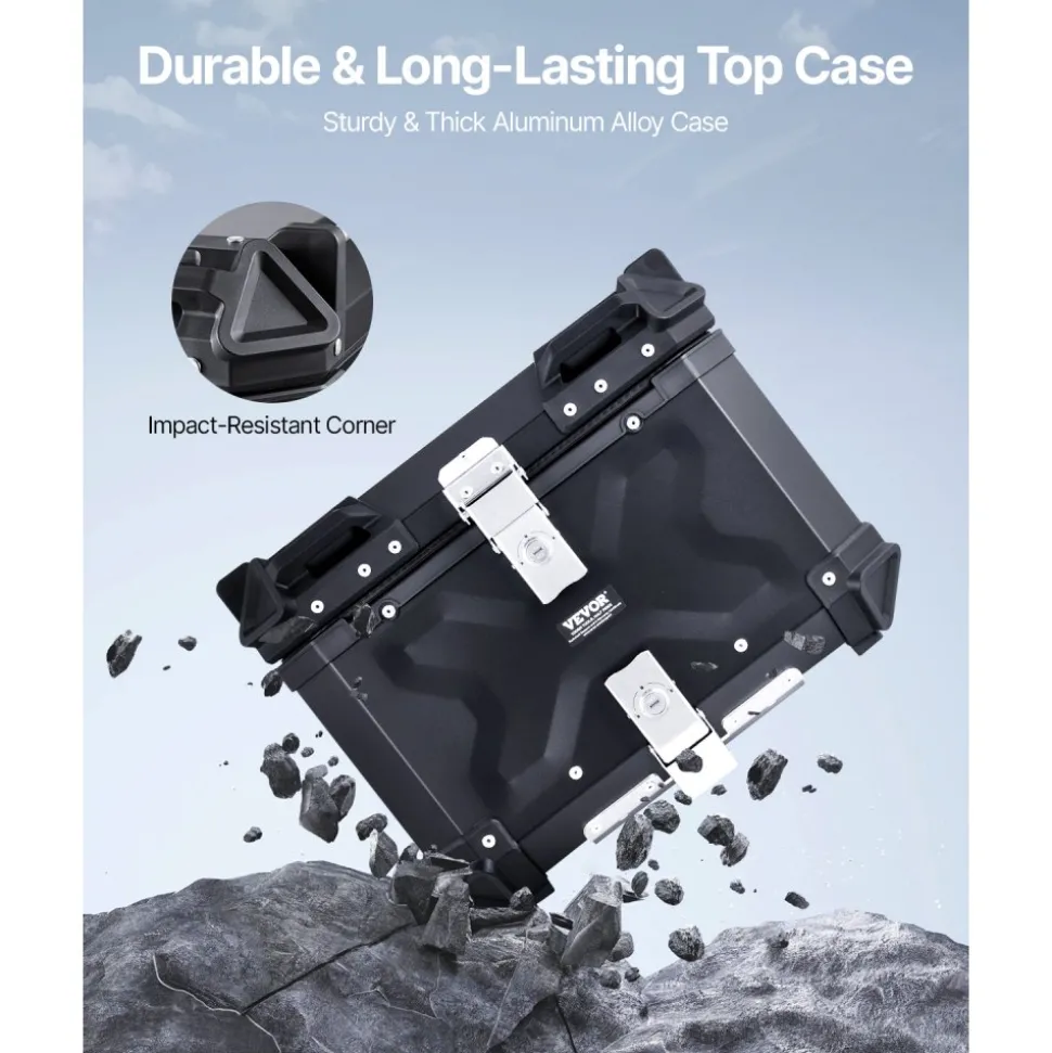 VEVOR Motorcycle Top Case, Universal Aluminum Alloy Motorbike Tail Box with Leather Lining, 55L Waterproof Detachable Motorcycle Top Box with Lock & Back Cushion, Fit for 99% of Motorcycle Frames