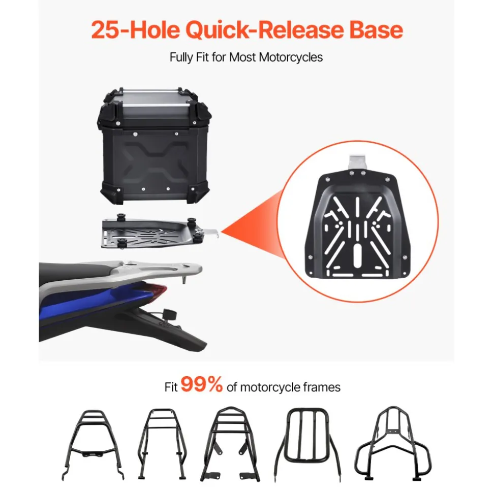 VEVOR Motorcycle Top Case, Universal Aluminum Alloy Motorbike Tail Box with Leather Lining, 55L Waterproof Detachable Motorcycle Top Box with Lock & Back Cushion, Fit for 99% of Motorcycle Frames