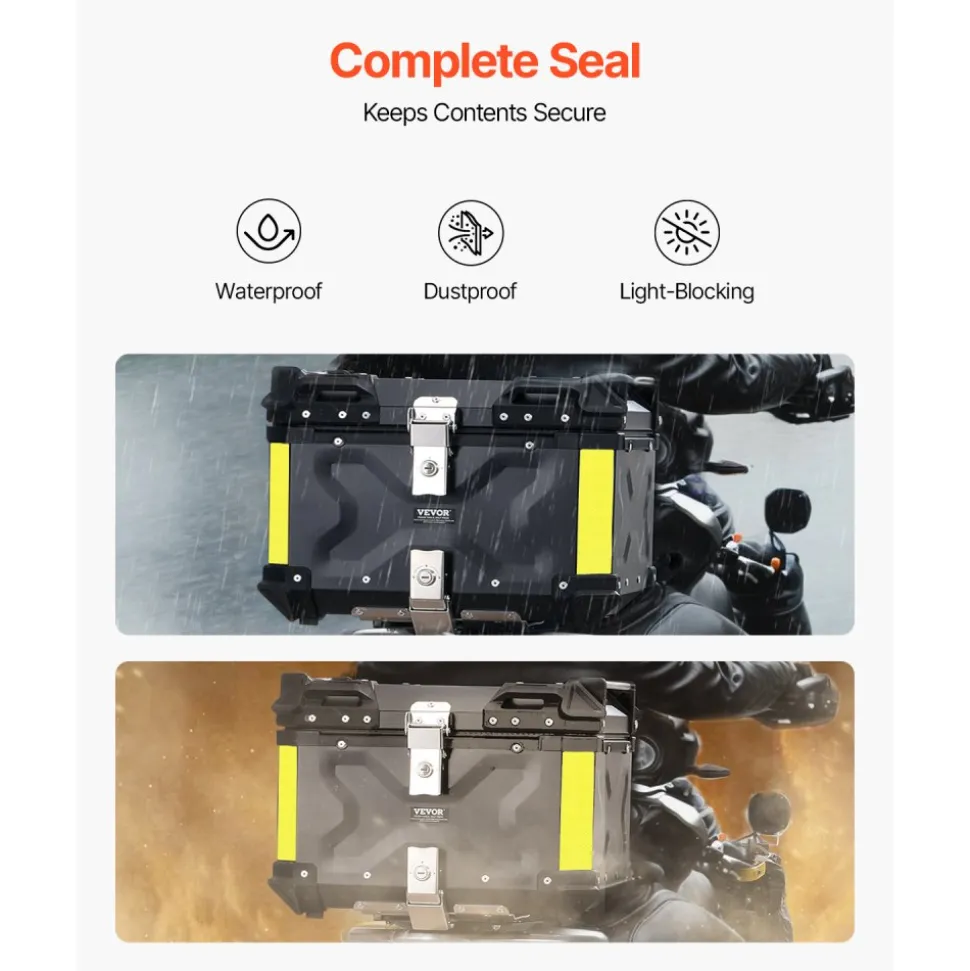 VEVOR Motorcycle Top Case, Universal Aluminum Alloy Motorbike Tail Box with Leather Lining, 65L Waterproof Detachable Motorcycle Top Box with Lock & Back Cushion, Fit for 99% of Motorcycle Frames