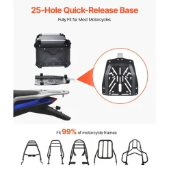 VEVOR Motorcycle Top Case, Universal Aluminum Alloy Motorbike Tail Box with Leather Lining, 65L Waterproof Detachable Motorcycle Top Box with Lock & Back Cushion, Fit for 99% of Motorcycle Frames