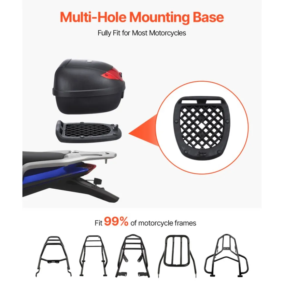VEVOR Motorcycle Top Case, Universal Durable PP Material Motorbike Tail Box with Reflective Panel, 48L Waterproof Detachable Motorcycle Top Box with Multi-Hole Base, Fit for 99% of Motorcycle Frames