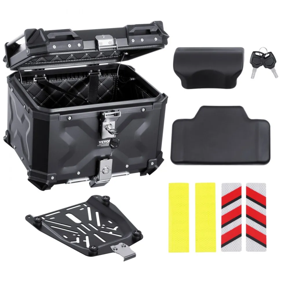 VEVOR Motorcycle Top Case, Universal Aluminum Alloy Motorbike Tail Box with Leather Lining, 45L Waterproof Detachable Motorcycle Top Box with Lock & Back Cushion, Fit for 99% of Motorcycle Frames