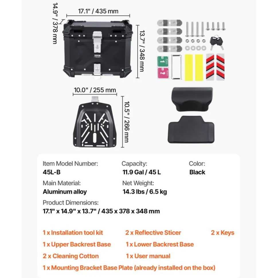VEVOR Motorcycle Top Case, Universal Aluminum Alloy Motorbike Tail Box with Leather Lining, 45L Waterproof Detachable Motorcycle Top Box with Lock & Back Cushion, Fit for 99% of Motorcycle Frames