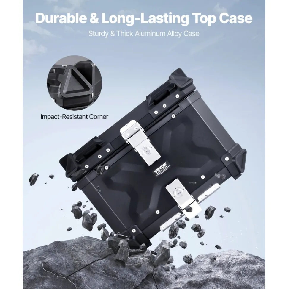 VEVOR Motorcycle Top Case, Universal Aluminum Alloy Motorbike Tail Box with Leather Lining, 45L Waterproof Detachable Motorcycle Top Box with Lock & Back Cushion, Fit for 99% of Motorcycle Frames