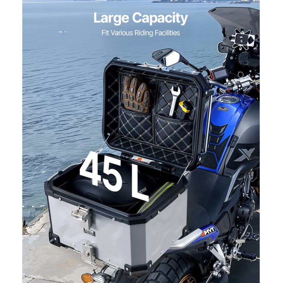 VEVOR Motorcycle Top Case, Universal Aluminum Alloy Motorbike Tail Box with Leather Lining, 45L Waterproof Detachable Motorcycle Top Box with Lock & Back Cushion, Fit for 99% of Motorcycle Frames