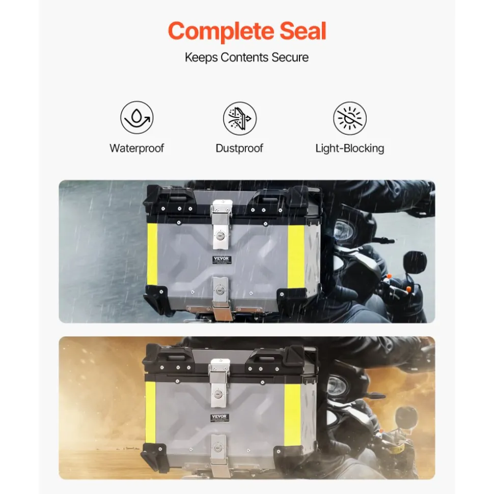 VEVOR Motorcycle Top Case, Universal Aluminum Alloy Motorbike Tail Box with Leather Lining, 45L Waterproof Detachable Motorcycle Top Box with Lock & Back Cushion, Fit for 99% of Motorcycle Frames