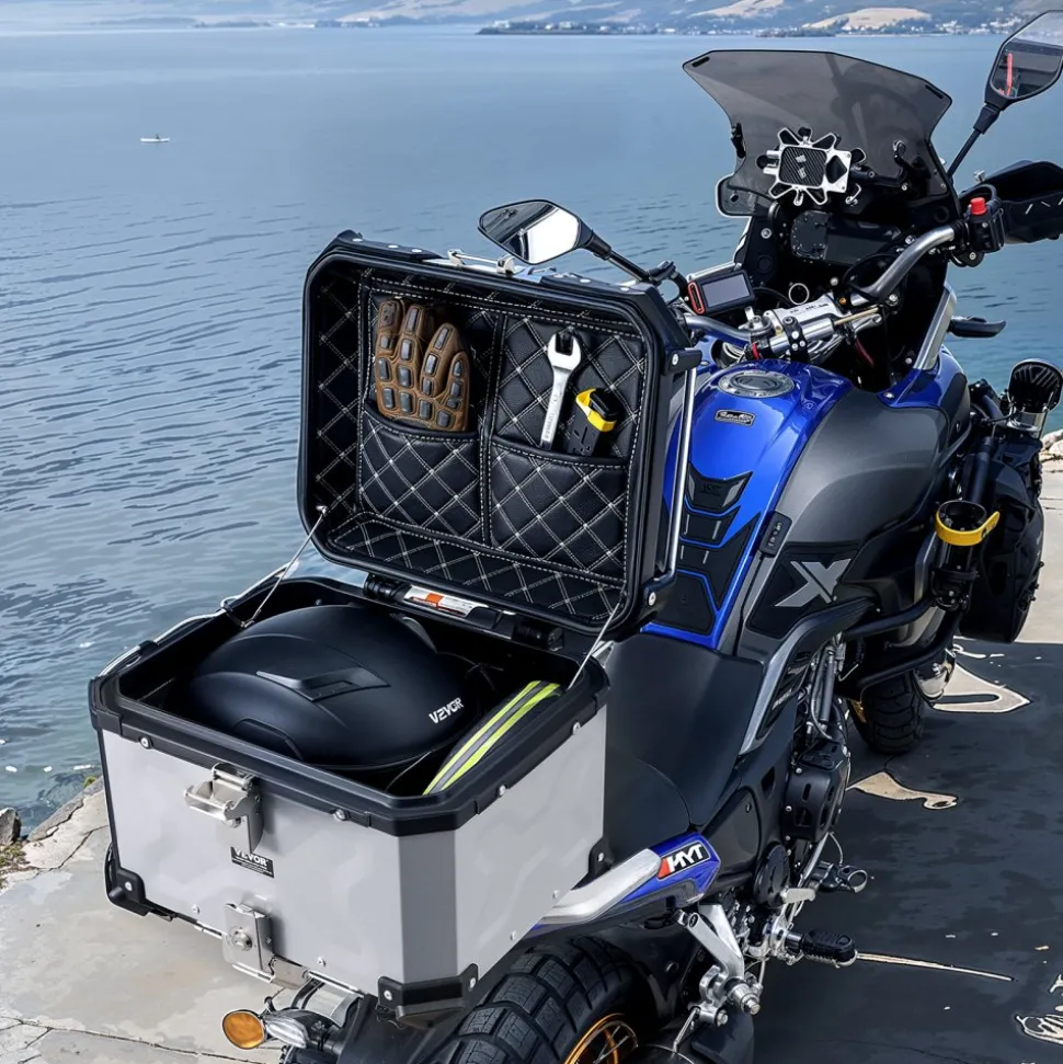 VEVOR Motorcycle Top Case, Universal Aluminum Alloy Motorbike Tail Box with Leather Lining, 45L Waterproof Detachable Motorcycle Top Box with Lock & Back Cushion, Fit for 99% of Motorcycle Frames
