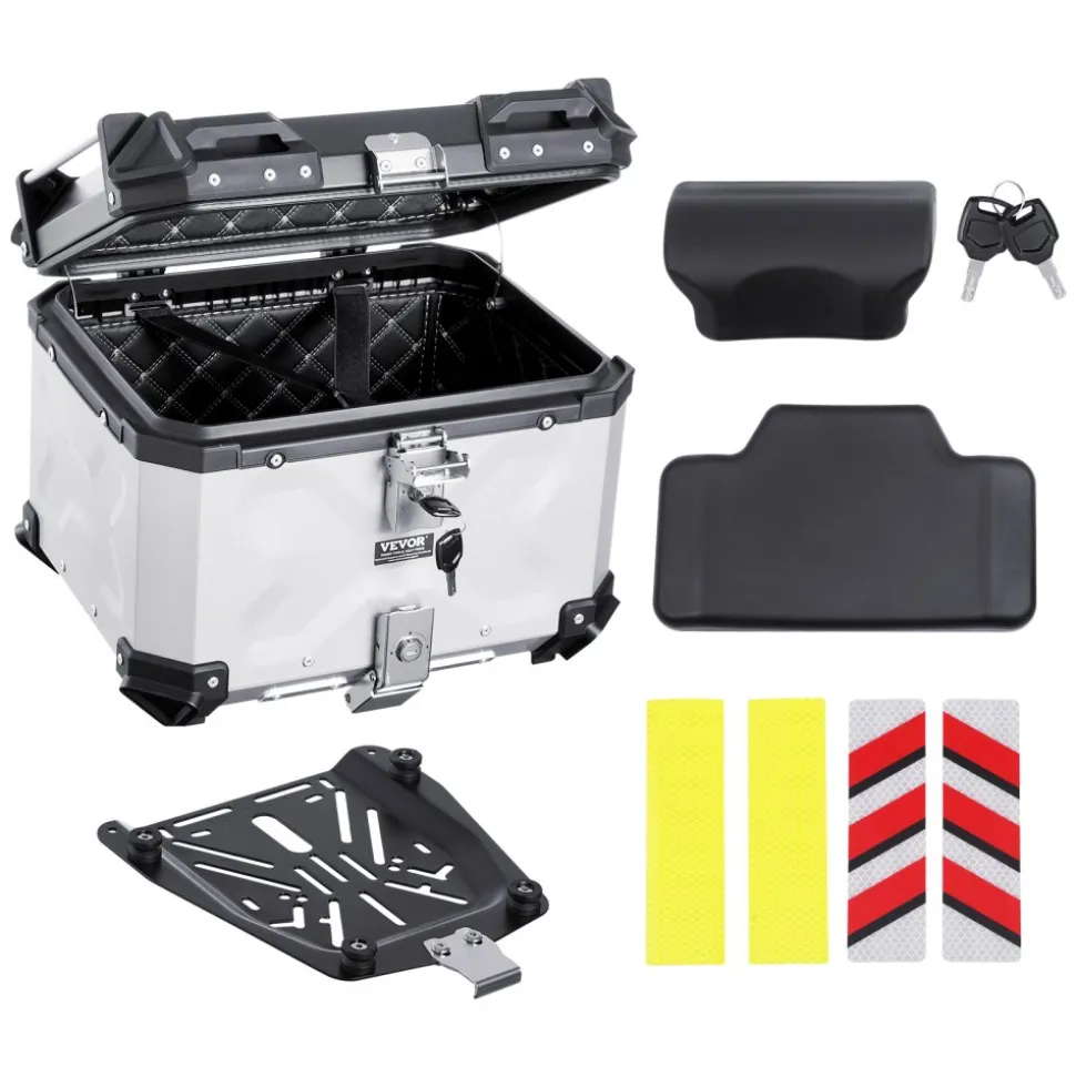 VEVOR Motorcycle Top Case, Universal Aluminum Alloy Motorbike Tail Box with Leather Lining, 45L Waterproof Detachable Motorcycle Top Box with Lock & Back Cushion, Fit for 99% of Motorcycle Frames