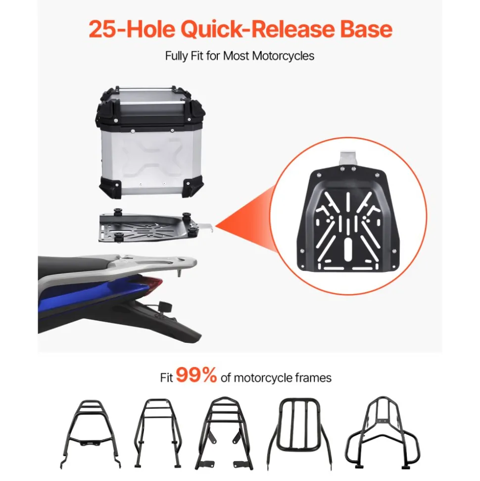 VEVOR Motorcycle Top Case, Universal Aluminum Alloy Motorbike Tail Box with Leather Lining, 45L Waterproof Detachable Motorcycle Top Box with Lock & Back Cushion, Fit for 99% of Motorcycle Frames