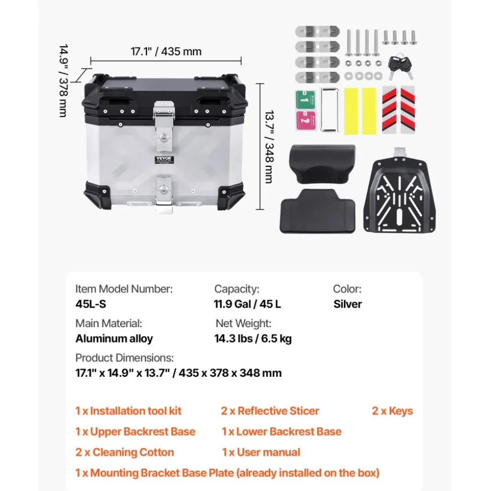 VEVOR Motorcycle Top Case, Universal Aluminum Alloy Motorbike Tail Box with Leather Lining, 45L Waterproof Detachable Motorcycle Top Box with Lock & Back Cushion, Fit for 99% of Motorcycle Frames