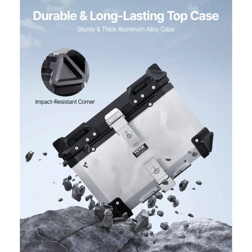 VEVOR Motorcycle Top Case, Universal Aluminum Alloy Motorbike Tail Box with Leather Lining, 45L Waterproof Detachable Motorcycle Top Box with Lock & Back Cushion, Fit for 99% of Motorcycle Frames