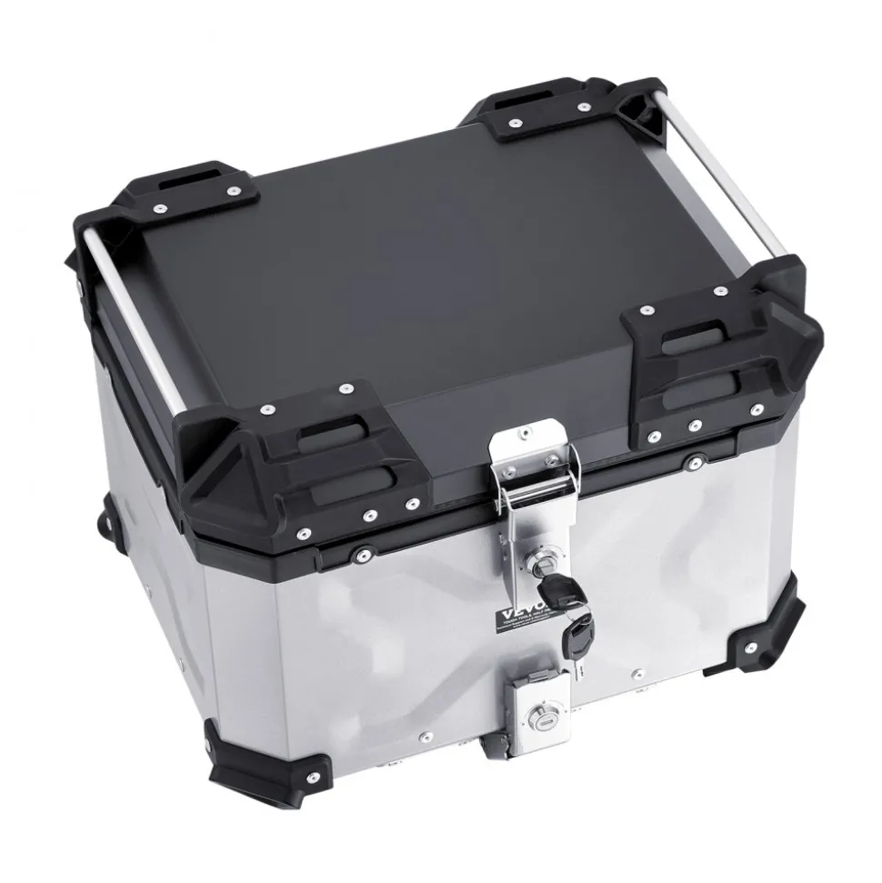 VEVOR Motorcycle Top Case, Universal Aluminum Alloy Motorbike Tail Box with Leather Lining, 45L Waterproof Detachable Motorcycle Top Box with Lock & Back Cushion, Fit for 99% of Motorcycle Frames