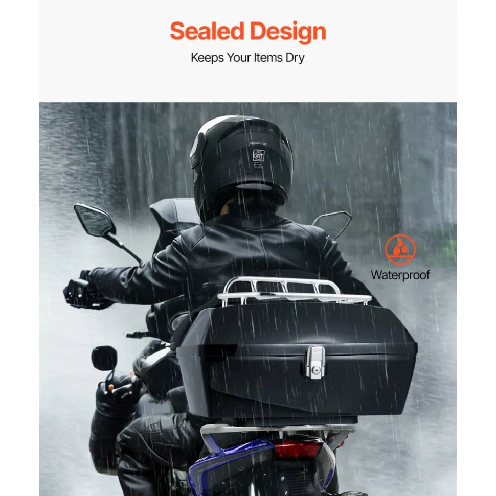 VEVOR Motorcycle Top Case, Universal Durable PP Material Motorbike Tail Box with Reflective Panel, 48L Waterproof Detachable Motorcycle Top Box with Multi-Hole Base, Fit for 99% of Motorcycle Frames