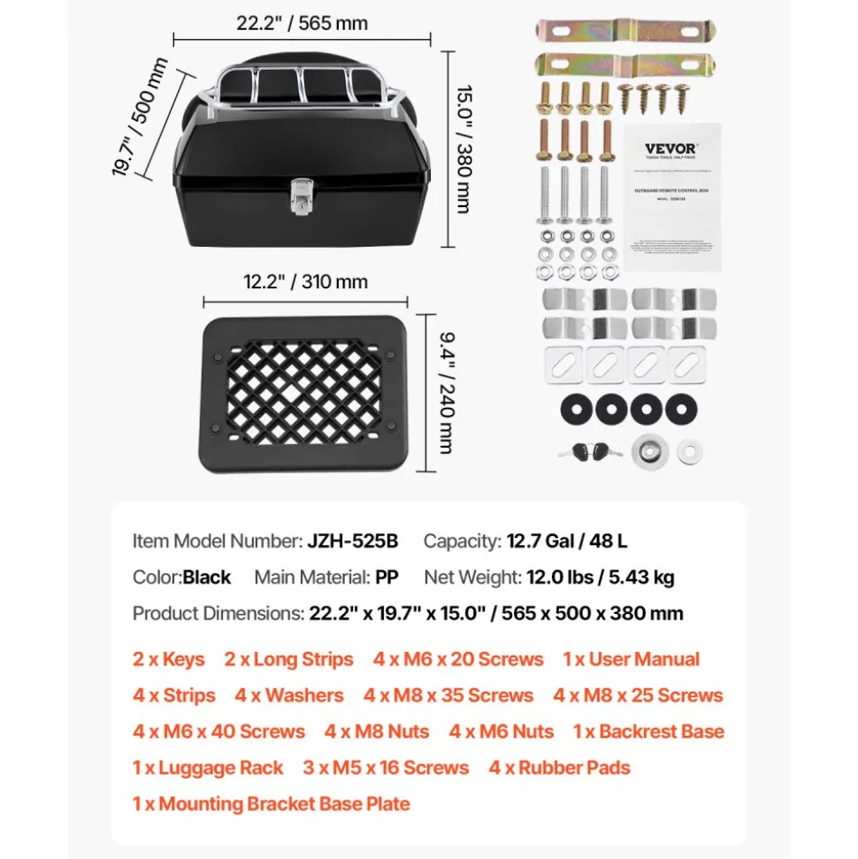 VEVOR Motorcycle Top Case, Universal Durable PP Material Motorbike Tail Box with Reflective Panel, 48L Waterproof Detachable Motorcycle Top Box with Multi-Hole Base, Fit for 99% of Motorcycle Frames